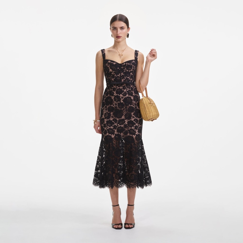 Self-Portrait Black Lace Midi Dress with Nude Underlay